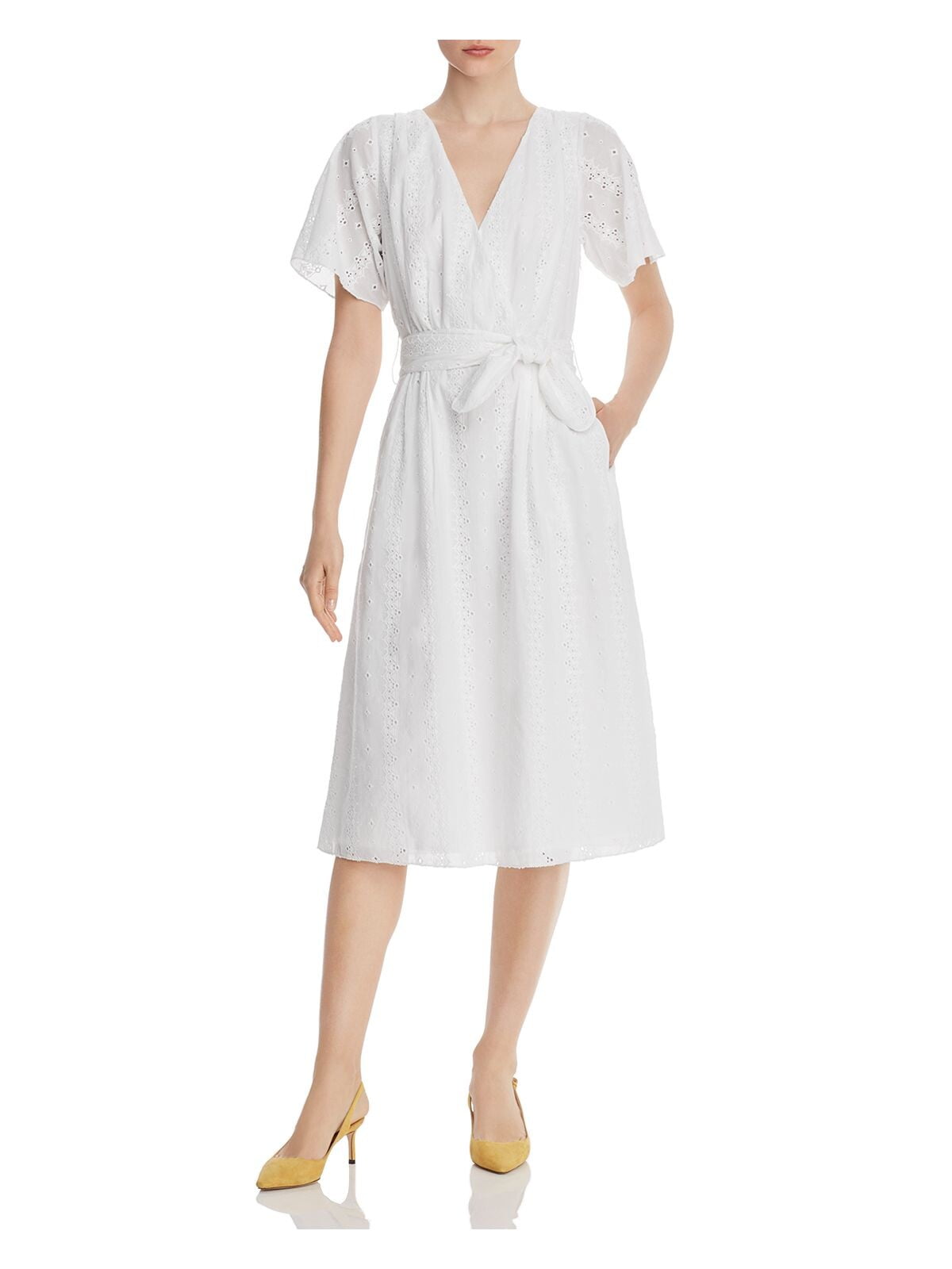 JOIE Womens White Cotton Short Sleeve V Neck Midi Wear To Work Shirt Dress 0 Walmart