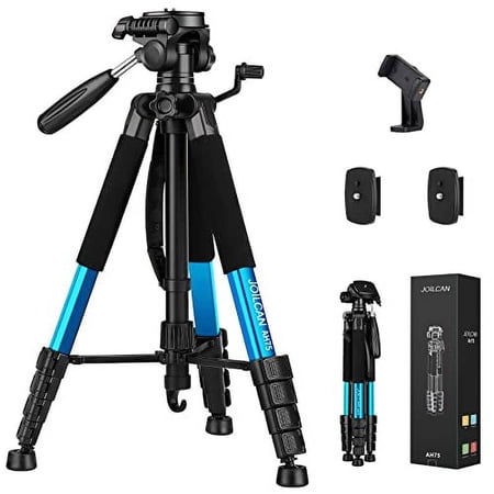 JOILCAN 74" Camera Tripod Stand for Canon Nikon DSLR, Lightweight Travel Video Aluminum Cell Phone Tripod with 2PC Quick Plates and Universal Phone Mount 15lb Load (Blue)