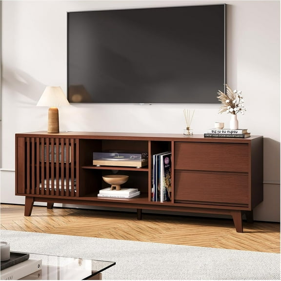 JOINCE,66" TV Stand for 60/65/75 inch tv, Mid Century Modern Entertainment Center/TV Stand and Media Console Table with Drawer and Shelf, Slatted Door TV Console for Living Room, Bedroom, Walnut
