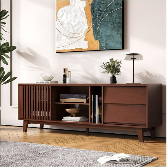 JOINCE Mid Century TV Stand for 60/65/75 inch tv, Farmhouse Slatted Door TV and Media Console Table with Drawer and Shelf, Entertainment Center for Living Room, Bedroom, Walnut