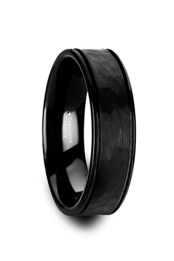 JOINER Hammered Finish Center Black Tungsten Carbide Wedding Band with Dual Offset Grooves and Polished Edges - 8 mm