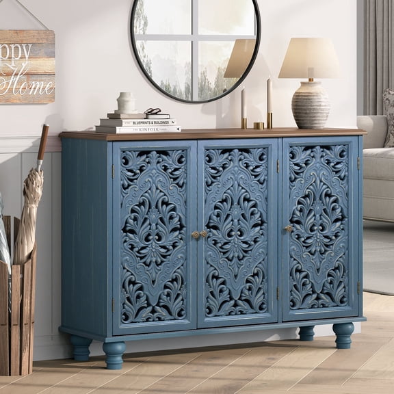 JOINICE 42.9" Blue Accent Cabinet with 3 Carved Doors, Decorative Sideboard Buffet Storage Cabinet with Solid Wood Legs for Living Room, Entryway and Dining Room