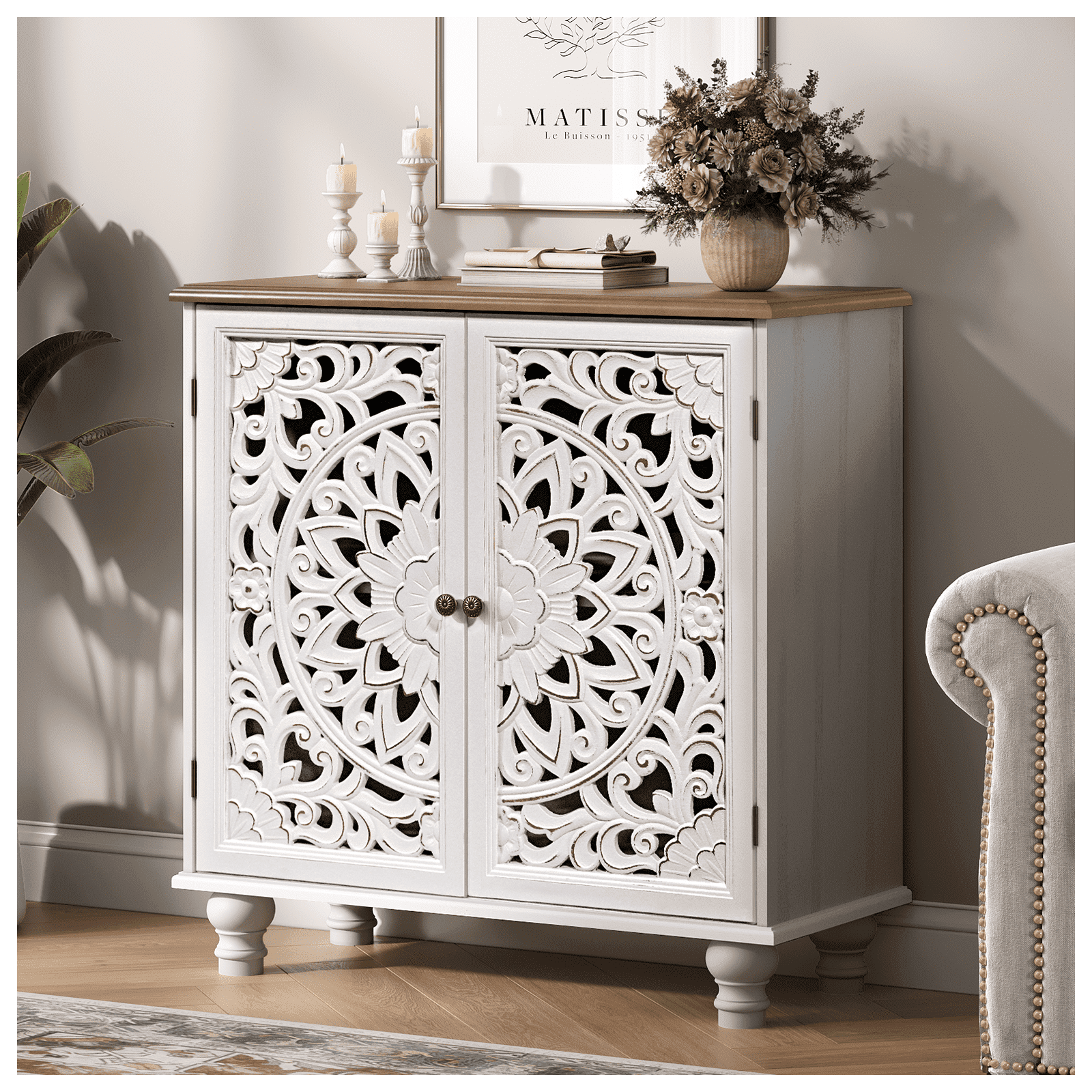 JOINICE Accent Cabinet with Doors,Sideboard Buffet with Adjustable Shelf,Wooden Storage Cabinet for Living Room, Entryway, Dining Room, Bedroom, White