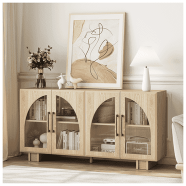 JOINICE Accent Cabinet with Adjustable Shelves and Arched Glass Door,for Living Room,Entryway,Hallway,Dining Room,Oak
