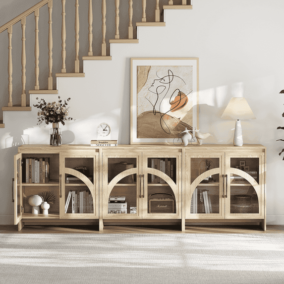 JOINICE Accent Cabinet with Storage and Adjustable Shelf,Sideboard Cabinet with Arched Glass Door,for living Room,Entryway,Oak,(3 PCS)