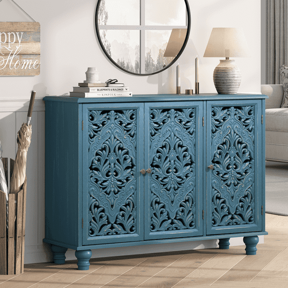 JOINICE Accent Storage Cabinet with 3 Doors,42.6'' Sideboard Buffet with Solid Wood Legs,Blue