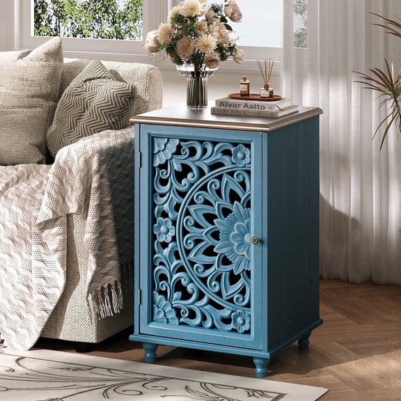 JOINICE Blue Accent Cabinet with Carved Door, Adjustable Shelf and Solid Wood Legs, Decorative Storage Cabinet for Living Room and Bedroom