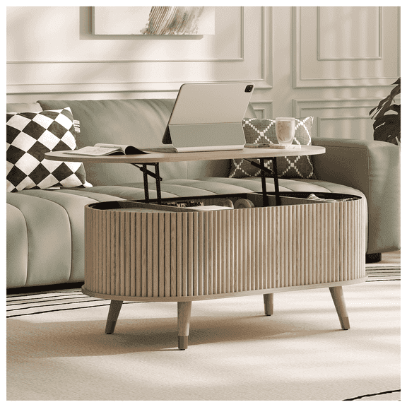 JOINICE Coffee Table with Lift Top,42.5” Fluted Center Table with Hidden Compartment ,Mid Century Modern Oval Coffee Tables for Living Room,Apartment,Oak