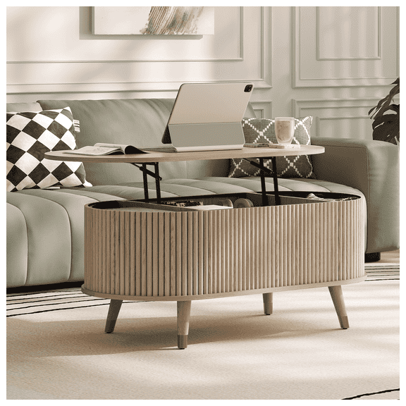 JOINICE Coffee Table with Lift Top,42.5 Fluted Center Table with Hidden Compartment ,Mid Century Modern Oval Coffee Tables for Living Room,Apartment,Oak