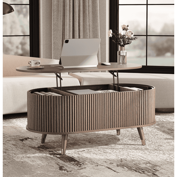 JOINICE Coffee Table with Lift Top,42.5” Fluted Center Table with Hidden Compartment ,Mid Century Modern Oval Coffee Tables for Living Room,Apartment,Walnut