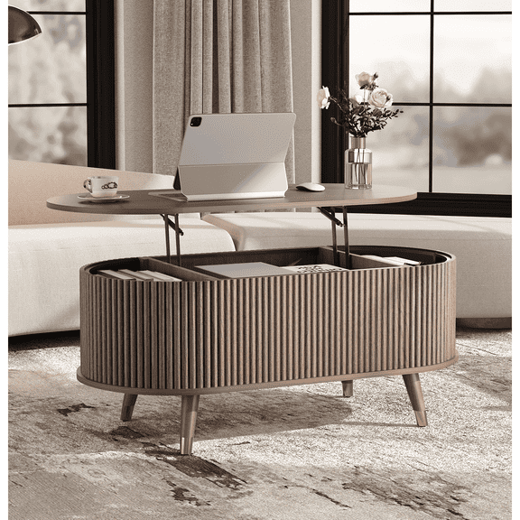JOINICE Coffee Table with Lift Top,42.5 Fluted Center Table with Hidden Compartment ,Mid Century Modern Oval Coffee Tables for Living Room,Apartment,Walnut