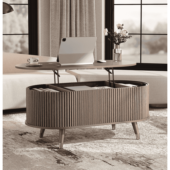 JOINICE Coffee Table with Lift Top,42.5” Fluted Center Table with Hidden Compartment ,Mid Century Modern Oval Coffee Tables for Living Room,Apartment,Walnut