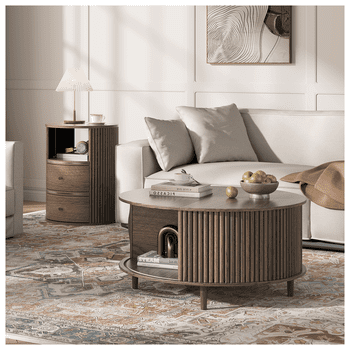 JOINICE Coffee Table Sets 2 Pieces, Wood Living Room Table Set Include 31.5" Round Coffee Table, Fluted End Table, Walnut