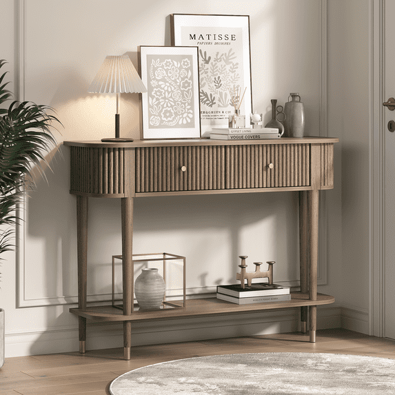 JOINICE Console Table for Entryway with Drawers,Fluted Sofa Table with Storage Shelf,Narrow Entry Table for Living Room,Hallway,Foyer,Walnut