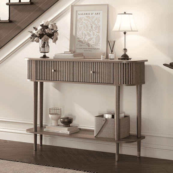 JOINICE Console Table for Entryway with Drawers,Fluted Sofa Table with Storage Shelf,Narrow Entry Table for Living Room,Hallway,Foyer,Walnut