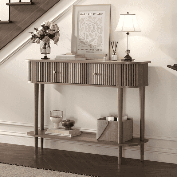 JOINICE Console Table for Entryway with Drawers,Fluted Sofa Table with Storage Shelf,Narrow Entry Table for Living Room,Hallway,Foyer,Walnut