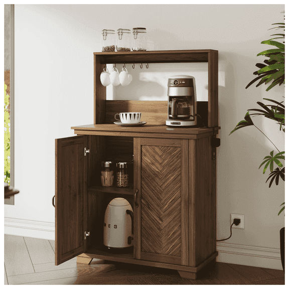 JOINICE Farmhouse Coffee Bar Cabinet with Storage and Power Outlet,Small Coffee Station with Adjustable Shelf,for Dining Room,Kitchen, Living Room,Walnut
