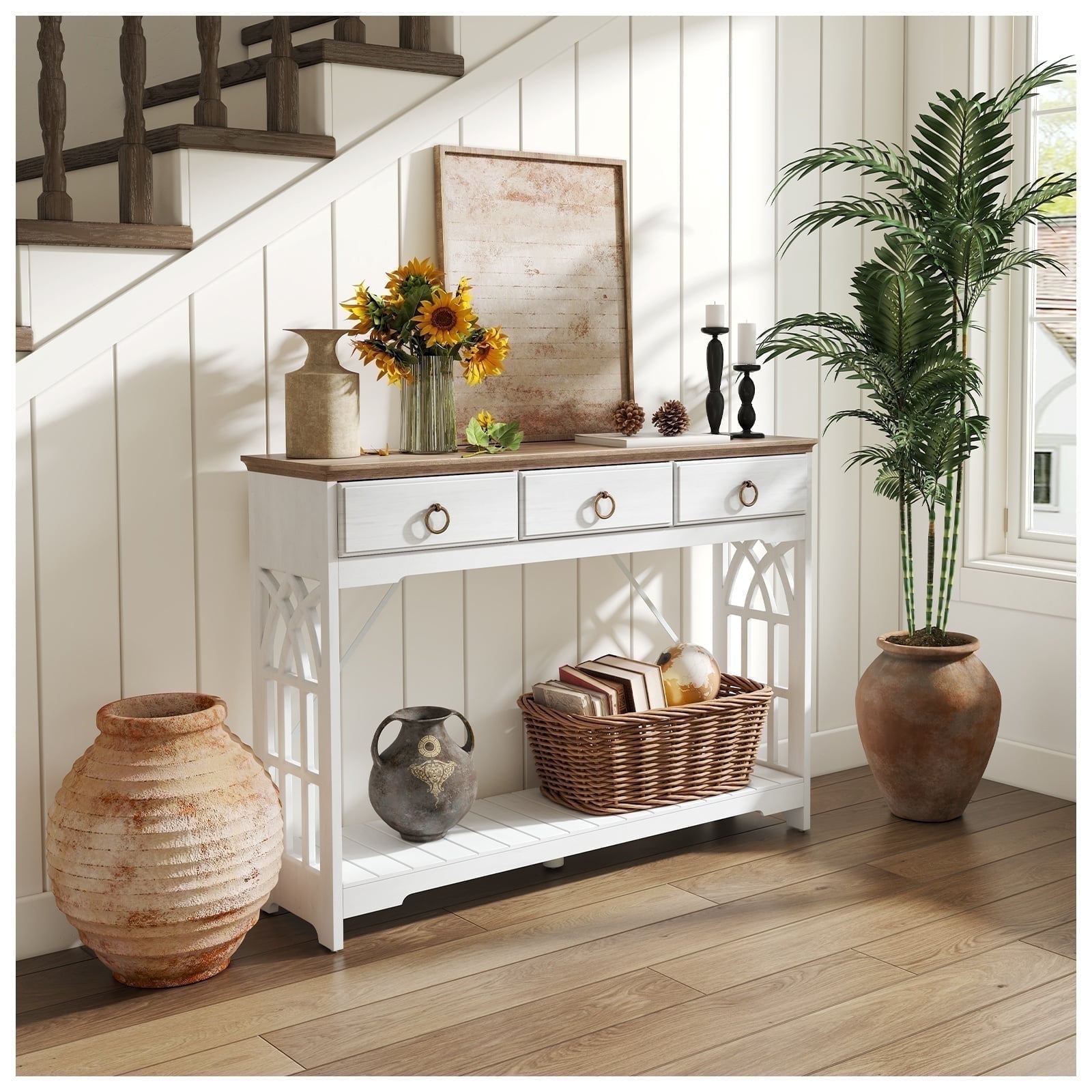 JOINICE Farmhouse Entryway Table with Drawers and Shelf,Long Console Table with Wood Leg,Sofa Table for Living Room,Hallway,White