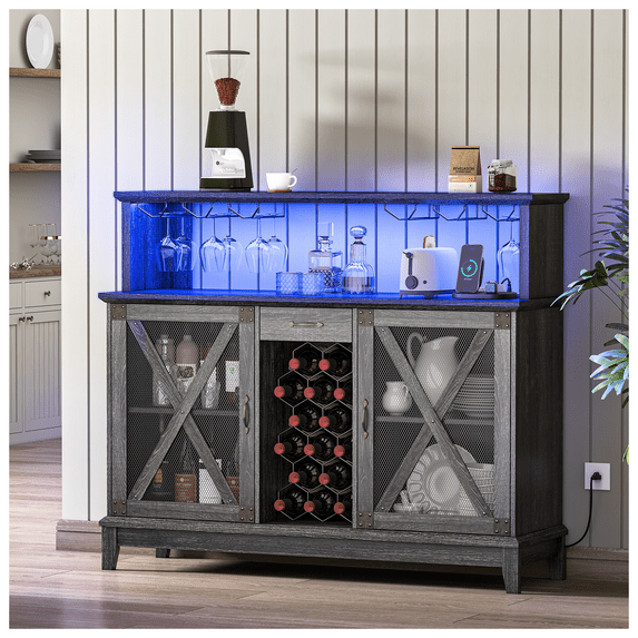 JOINICE Farmhouse Liquor Bar Cabinet with Wine Rack & Glass Holder,Wine Cabinet with LED Lights ,Black