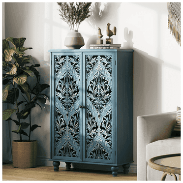 JOINICE Accent Cabinet with Doors 47" Tall Hollow Carved Storage Cabinet for Living Room,Entryway,Bedroom,Blue