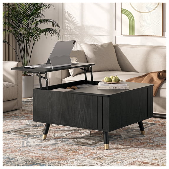 JOINICE Lift Top Coffee Table with Hidden Storage Space, Wood Square Center Table,for Living Room, Black