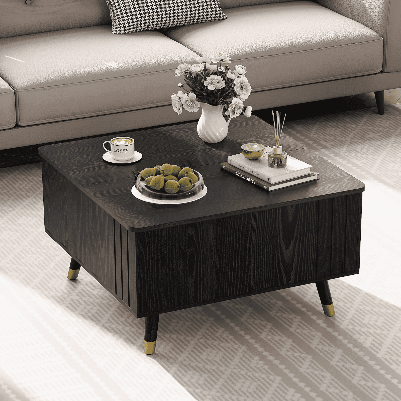 JOINICE Lift Top Coffee Table with Hidden Storage Space, Wood Square Center Table,for Living Room, Black