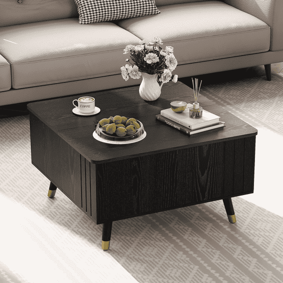 JOINICE Lift Top Coffee Table with Hidden Storage Space, Wood Square Center Table,for Living Room, Black
