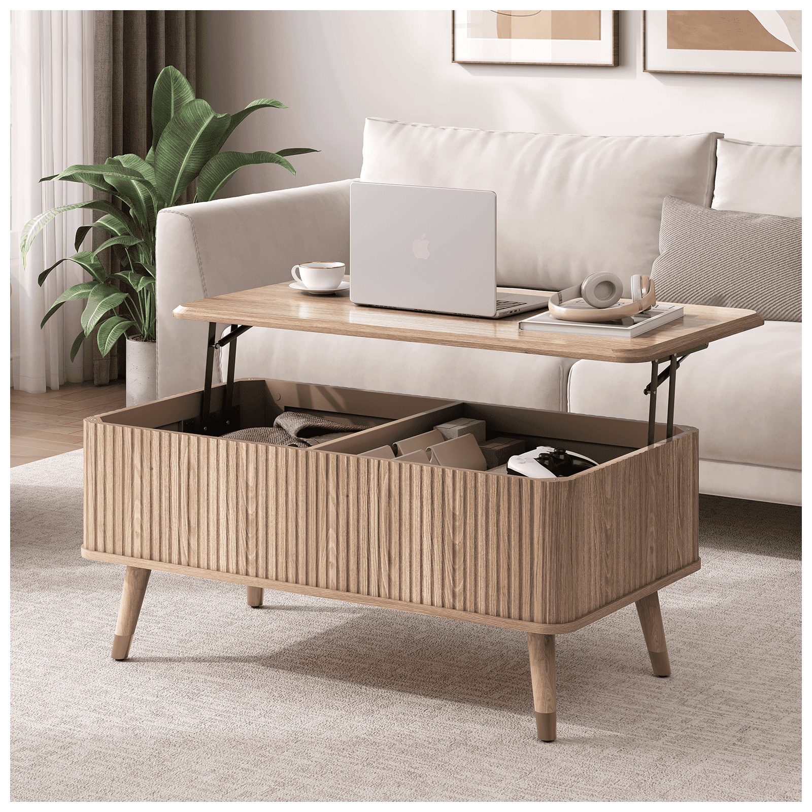 JOINICE Lift Top Coffee Table with Storage,Small Rectangle Center Table for Living Room,Oak