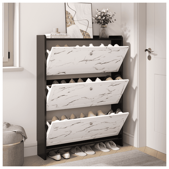 JOINICE Marble Textured 3-Tier Shoe Cabinet, Modern Wooden Shoe Organizer for Entryway,Hallway, Living Room, Apartment
