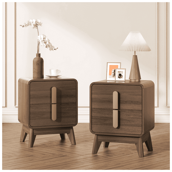 JOINICE Mid Century Modern 2 Drawers Nightstands Set of 2, End Table with Storage and Metal Handle,for Bedroom,Living Room,Black Walnut