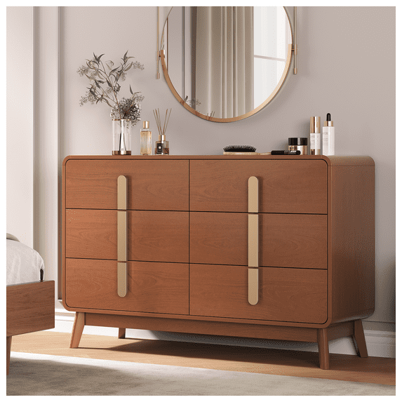 JOINICE Mid Century Modern 6-Drawer Wooden Dresser, Chest of Drawers for Bedroom and Living Room, Cherry