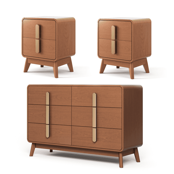 JOINICE Mid Century Modern Bedroom Set, 6 Drawer Dresser and Nightstand Sets with Gold Handles, Cherry