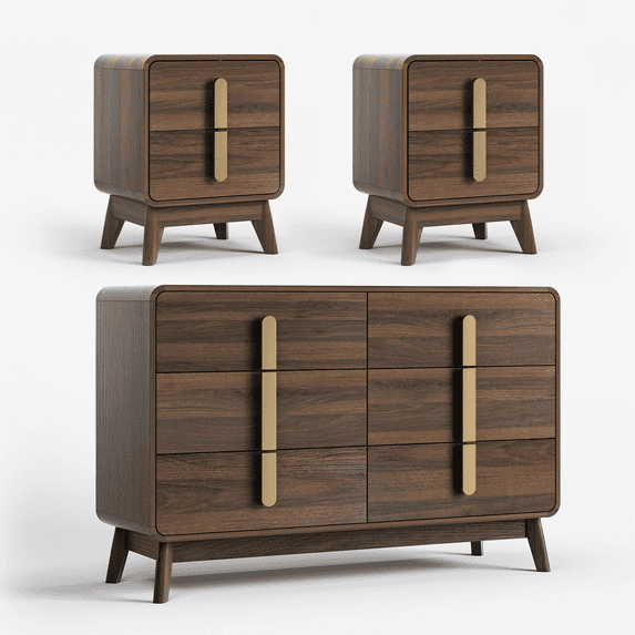 JOINICE Mid Century Modern Bedroom Set, 6 Drawer Dresser and Nightstand Sets with Gold Handles, Walnut