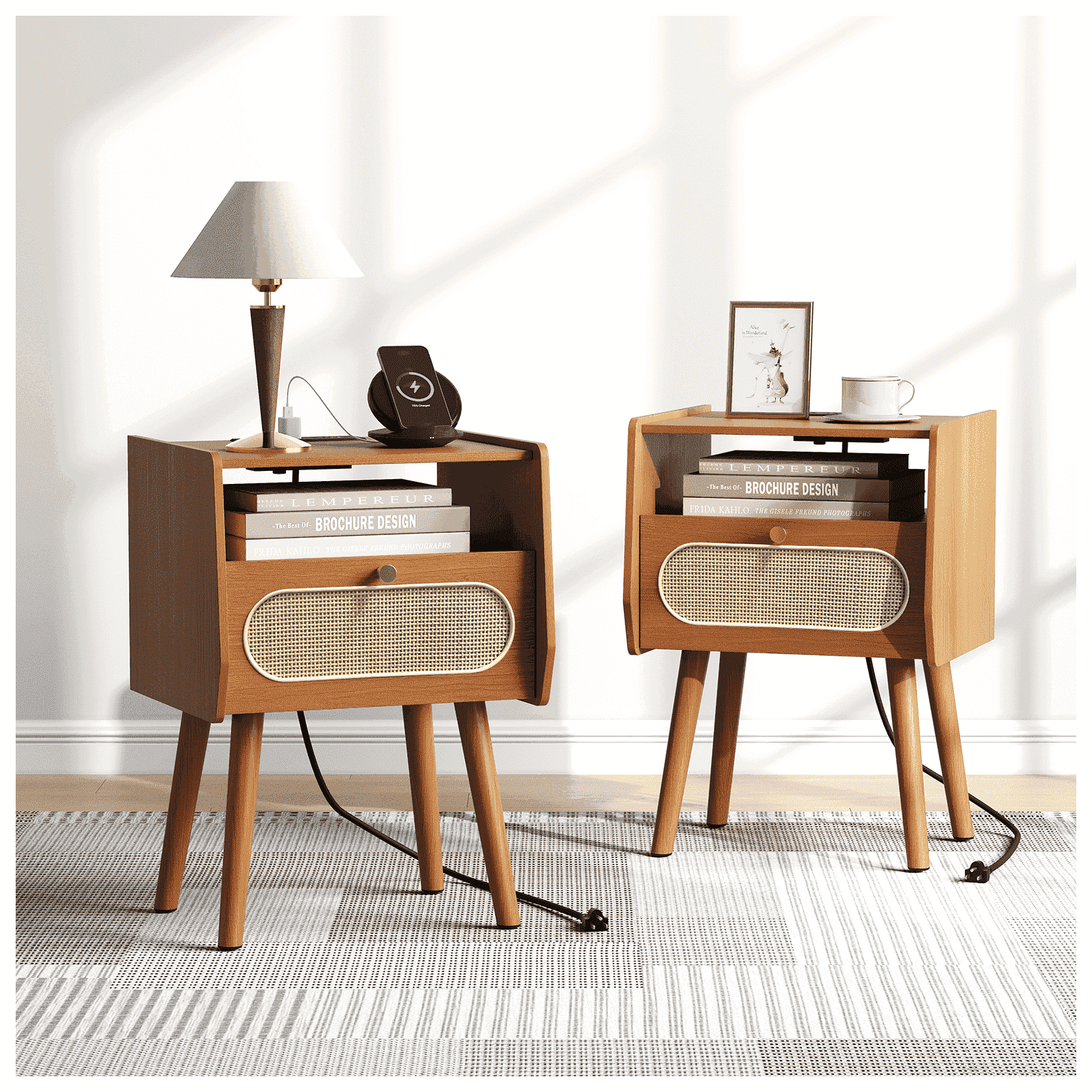 JOINICE Mid Century Modern Nightstands Set of 2 with Charging Station and Drawer,for Bedroom,Living Room,Brown - Walmart.com