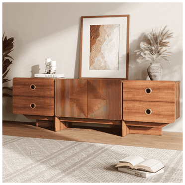 JOINICE Mid-Century Modern TV Stand for TVs up to 75 Inches, Boho Entertainment Center with Drawers, Cherry Finish