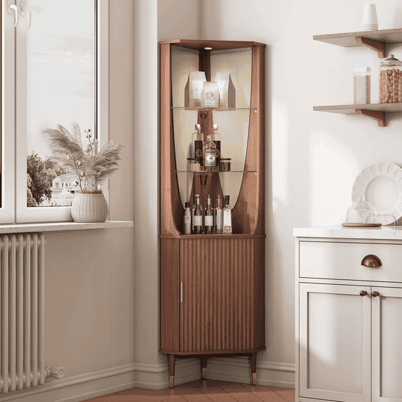 JOINICE 70" Tall Corner Bar Cabinet with Doors and Storage,Mid Century Modern Fluted Wood Liquor Cabinet with Shelves, for Living Room,Dining Room,Kitchen,Walnut