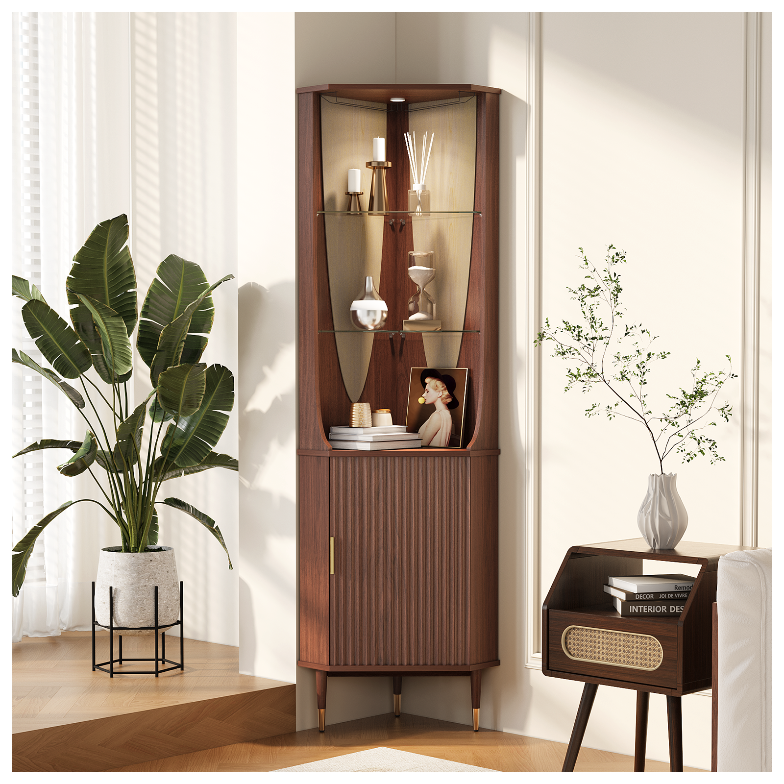 JOINICE 70" Tall Corner Bar Cabinet with Doors and Storage,Mid Century Modern Fluted Wood Liquor Cabinet with Shelves, for Living Room,Dining Room,Kitchen,Walnut