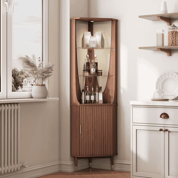 JOINICE 70" Tall Corner Bar Cabinet with Doors and Storage,Mid Century Modern Fluted Wood Liquor Cabinet with Shelves, for Living Room,Dining Room,Kitchen,Walnut