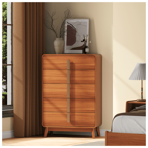 JOINICE Mid-Century Modern 5-Drawer Chest, Wood Dresser for Bedroom or Living Room, Cherry