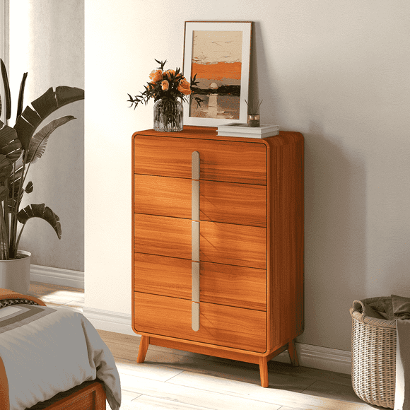 JOINICE Mid-Centry Modern 5 Drawer Chest, Dresser for Bedroom, Chest of Drawers for Living Room,Cherry