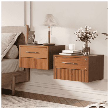 JOINICE Mid Century Modern Floating Nightstands with Charging Station Fluted Wall Mounted Bedside Table for Bedroom,Living Room,Walnut