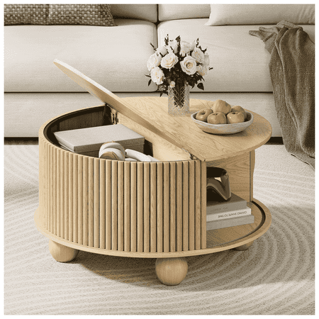 JOINICE Round Coffee Table with Storage,Fluted CENTER Table with Sliding Door,for Living Room,Oak