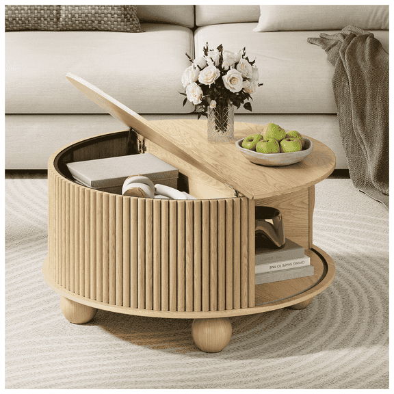 JOINICE Round Coffee Table with Storage,Fluted Center Table with Sliding Door,for Living Room,Oak
