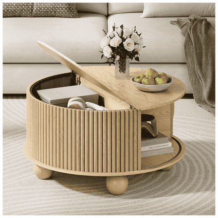 JOINICE Round Coffee Table with Storage,Fluted Center Table with Sliding Door,for Living Room,Oak