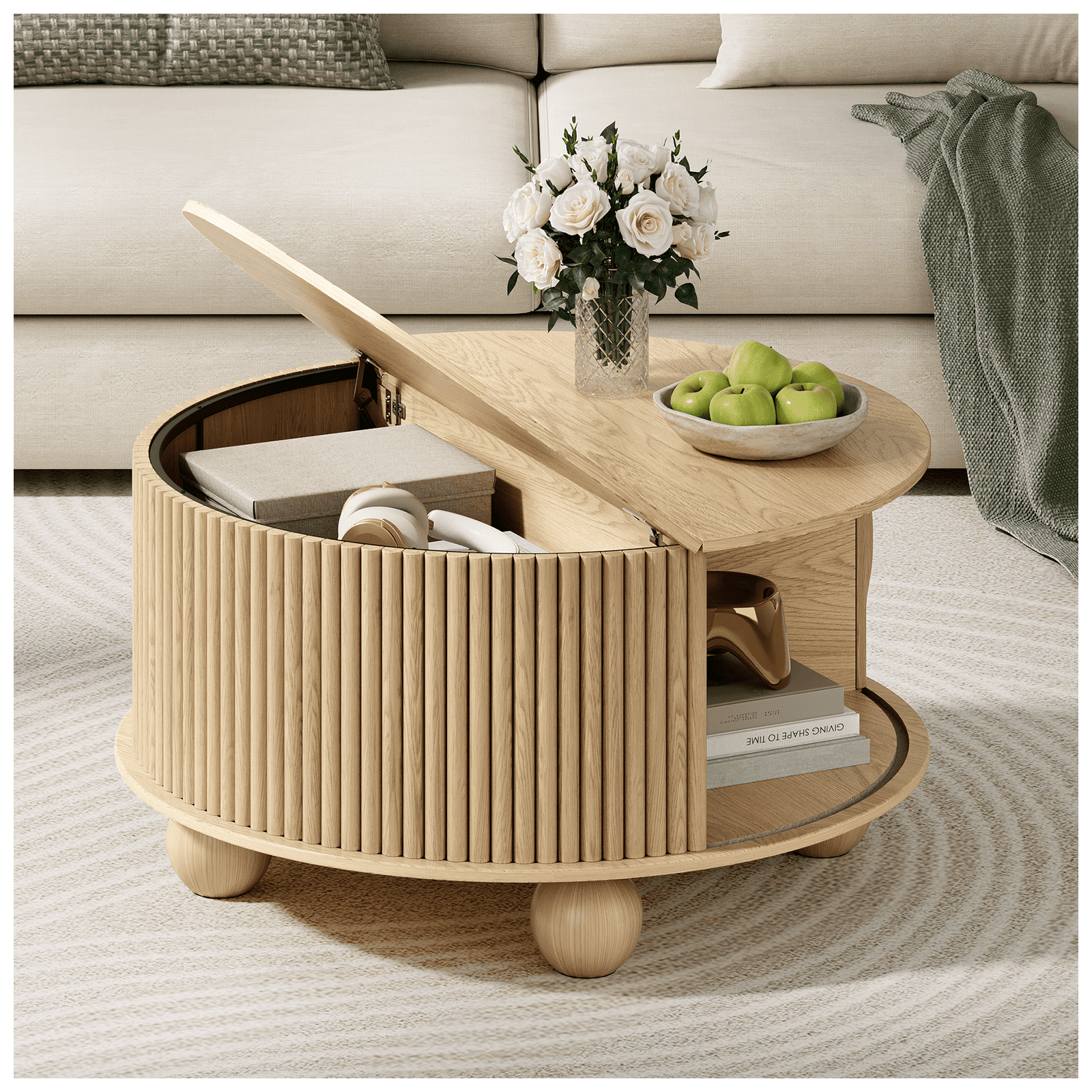 JOINICE Round Coffee Table with Storage,Fluted CENTER Table with ...
