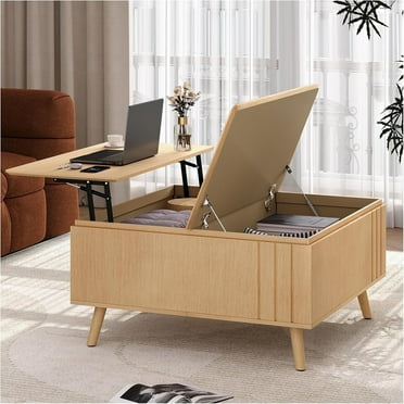 JOINICE Mid Century Modern Coffee Table Lift Top Fluted Center Table for Living Room Multi-Function 35”, Oak