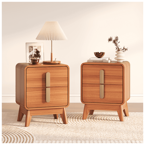 JOINICE Mid Century Modern Nightstand Set of 2 with Storage, Bedside Table with Metal Handle,for Bedroom,Cherry