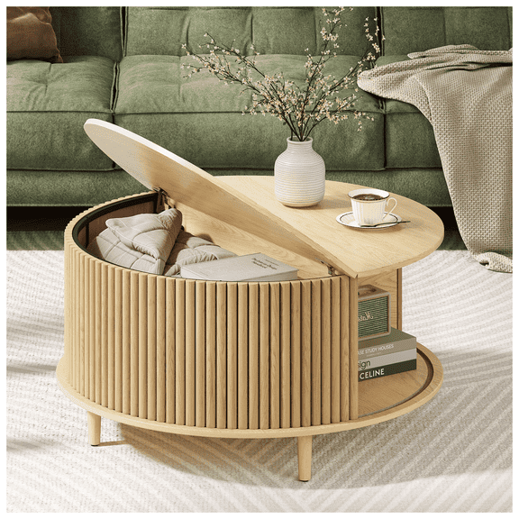 JOINICE Round Coffee Table with Storage and Flip Top,Circle Fluted Center Table,for Living Room,Oak