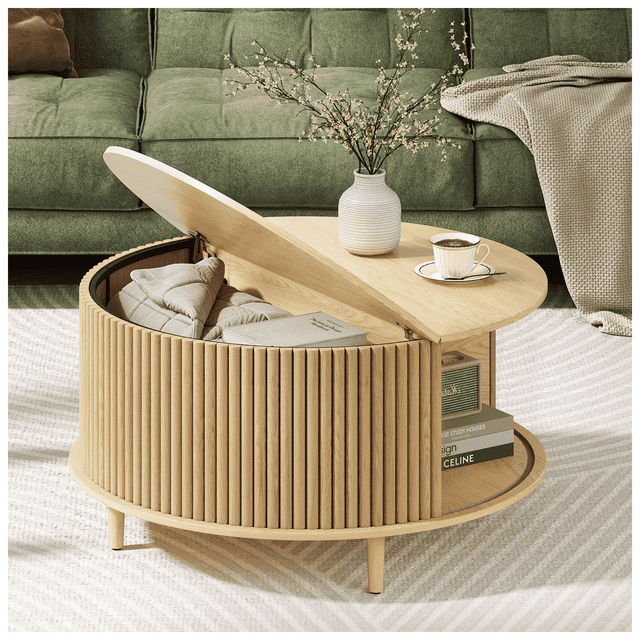 JOINICE Round Coffee Table with Storage and Flip Top,Circle Fluted ...