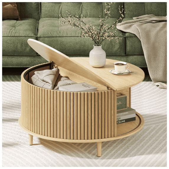 JOINICE Round Coffee Table with Storage and Flip Top,Circle Fluted Center Table,for Living Room,Oak